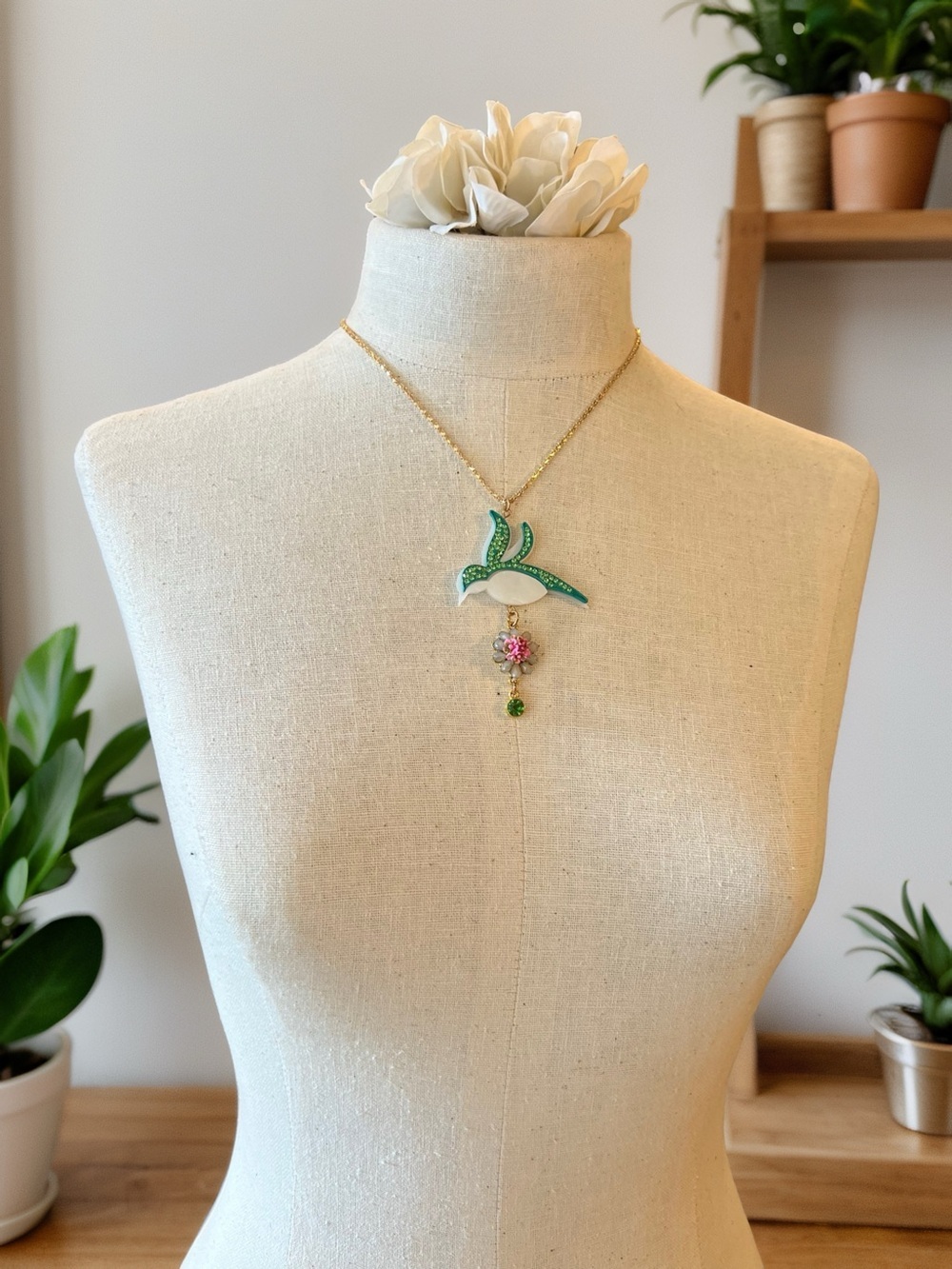 Vintage Hummingbird Pendant and Rhinestone and Floral Drop Necklace